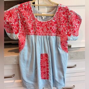 J. Marie Embroidered Light Blue Mexican-Style Top with Hot Pink Detail, EUC, M